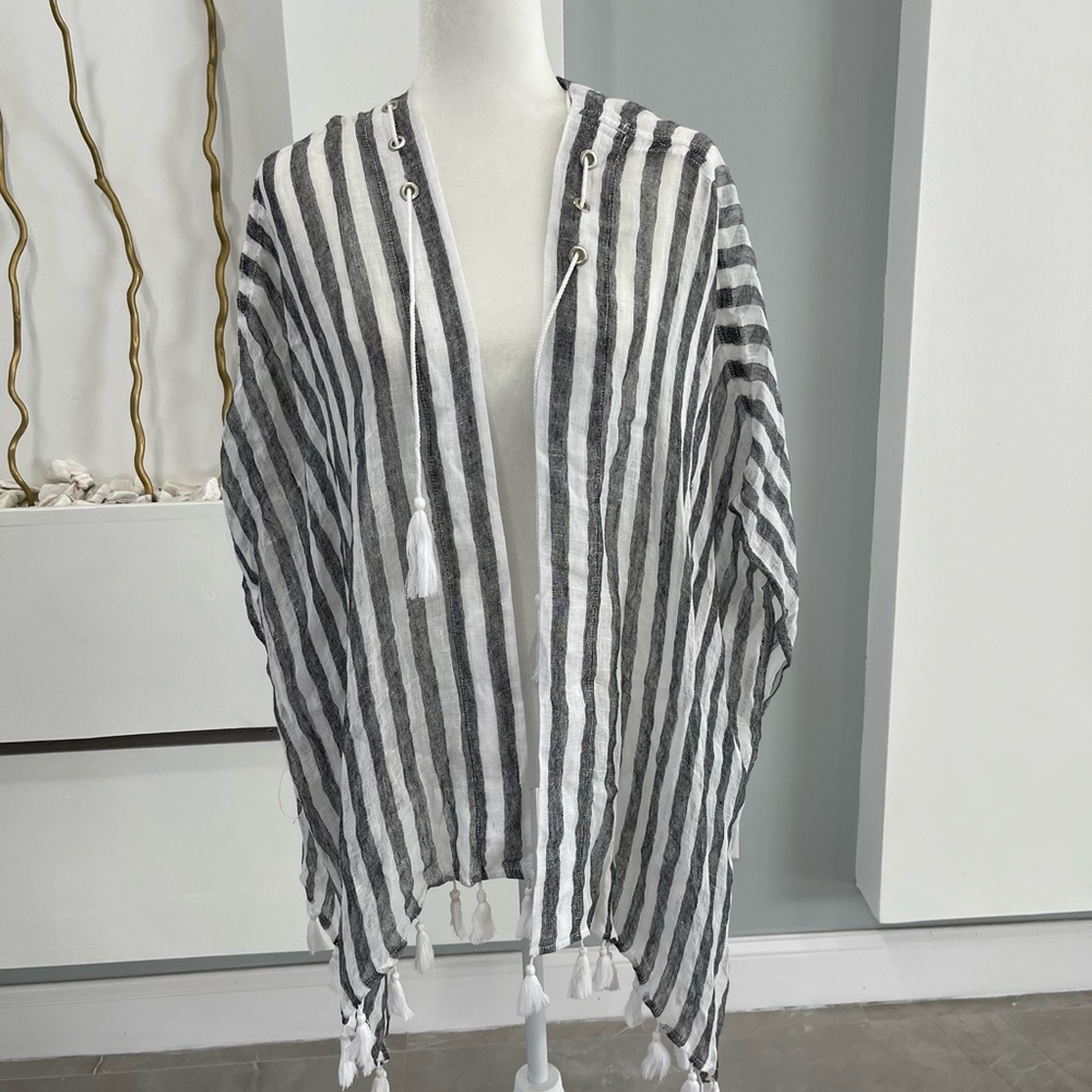 Chico's Black and White Striped Tassel Throw